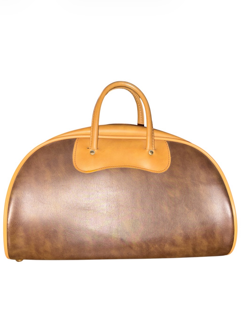 Vintage Unisex Brown & Tan Naugahyde Vinyl Overnight Dome Bag w Zipper Closure